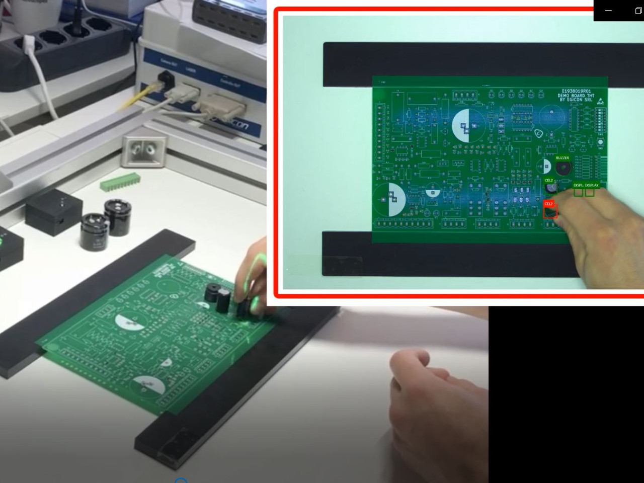 Posizionamento. L'utente colloca il dispositivo da assemblare al PCB in corrispondenza della luce rossa. Rilevato il corretto posizionamento le reti neurali illumineranno di verde lo spot.